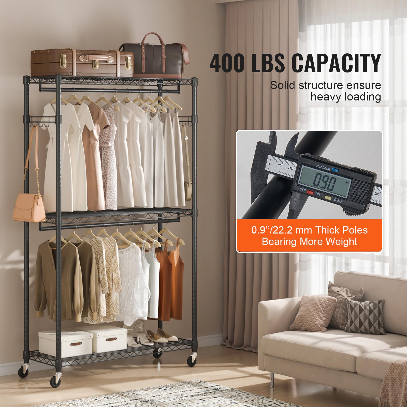 Vevor Heavy Duty Clothes Rack, Rolling Clothing Garment Rack With 3 Storage Tiers, 2 Rods And 2 Pairs Side Hooks, Adjustable Hei